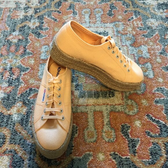 SUPERGA Orange Apricot Peach Linen Platform Rafia Sneakers Shoes EU 38 or US 7.5 - Picture 1 of 8